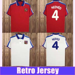 1996 체코 공화국 레트로 축구 유니폼 #4 Nedved #18 Novotny #8 Poborsky Home Red White Football Shirt