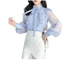 Mode Frauen Schnürung Bogenkragen Langarm Rüschen Patchwork Chiffon Bluse Desinger Shirt Plus Smlxlxxl Tops