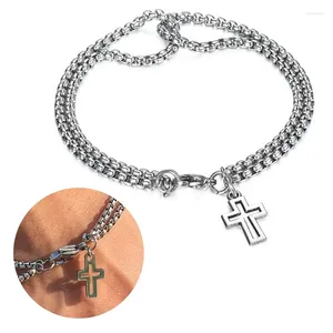 Bracelets de charme Men's Double Chain Cross Hollow Wrist Charms Lobster Clasp 2024 Acessórios unissex da moda