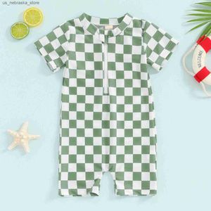 One-Pieces Fashionable plaid printed baby swimsuit toddler Rush protective beach suit short sleeved zippered bikini childrens swimsuit Q240418
