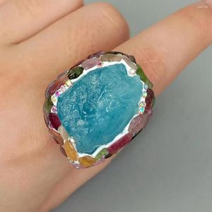 Anelli a grappolo Yygem 27x28mm Blu Natural Aquamarine Rough Tourmaline Gold Gold Event Ring fatti a mano per donne gioielli