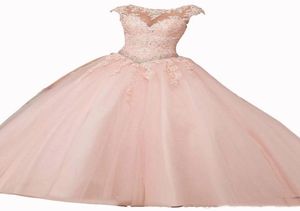 Gorgeous Quinceanera Dresses Blush Pink Bateau Neck Cap Sleeve Appliques Lace Sequins Beaded Ball Gown Sweet 16 Gowns9369131