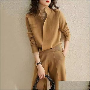 Kvinnors tvåbitar byxor Autumn Lapel Sticked tröja Cardigan Coat Wool Top Ader Wide Leg Set Casual Elegant Fashion Korea 210610 Drop DHTWB