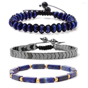 Strand Lapis Lazuli Hematita Bracelete trançada 3pcs/Set Boths plana definida para homens homens perdem peso Yoga Meditation Bangle Jóias