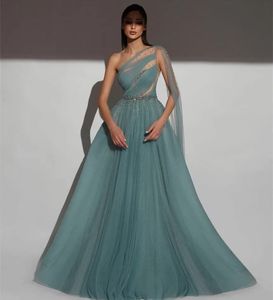 Elegant Long Tulle One Shoulder Evening Dresses with Slit A-Line Beaded Robe De Soiree Sweep Train Zipper Back Formal Party Gowns for Women