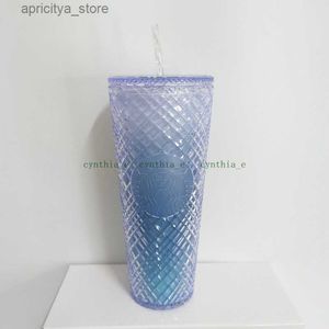 water bottle Starbucks Double Plaid Cup Straw Cup 710ML Tumblers Mermaid Plastic Cold Water Coffee Cups Gift Mug Pink235d L48