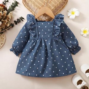 Mädchenkleider Kind Baby süße Polka-Punkt lang ärmellose Kleid Rüste Blau Kleinkind Geburtstag Prinzessin für 3-24 Monate