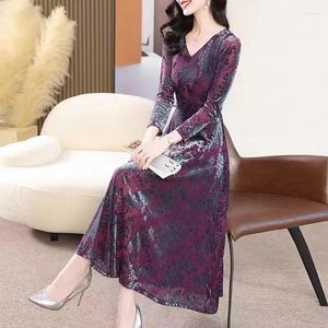 Vestidos casuais vestido roxo outono feminino elegante e estilo de alta qualidade comprimento médio fino ajuste