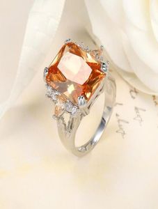 Anéis de casamento Classic Big Champagne CZ Stone Anel grande laranja de cristal de laranja Corte de luxo Plata cor para mulheres joalheria6638524