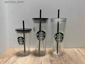 Garrafa de água 24oz Starbucks Mermaid caneca copo de plástico transparente de dupla camada dupla com tampa e straw202m L48