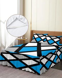 Sängkjol Blue Black Grey Geometric Square Elastic Fitted Bed Steread med kuddväskor Madrass Cover Bedding Set Sheet