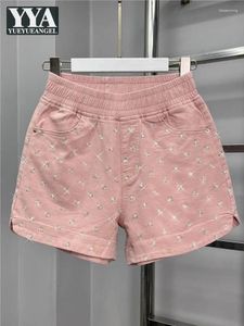 Frauen Shorts Sommer Frauen dünne Denim elastische Taille dehnbare Weitbein -Flare -Jeans losen fit glänzender Diamant Streetwear Feste Farbe