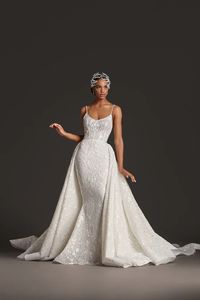 2024 Stampe floreali lucide Cinghie di spaghetti 2 in 1 abito da sposa sirena con appliques flussi di flussi di flussi in pizzo rimovibile