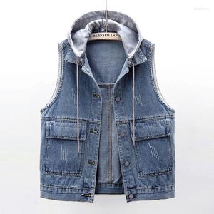 Kvinnors västar blå svart borttagbar huva denim Vest Kvinnor Lossa kort midja Cowboy ärmlös jacka Frayed Big Pocket Jeans Kvinna