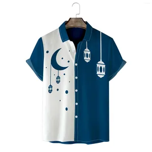 Camisas casuais masculinas 2024 estilo Ramadã 3D bloco colorido de vestuário masculino Camisa de manga curta Botão de férias de lapela Tops