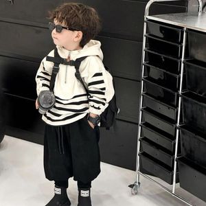 Kleidungssets Jungen Hoodies Hosen Zwei-teiliger Frühlings-Herbst-Anzüge Korea Mode Streifen Reißverschluss Kapuze Lose Coat Frachtkinder Set