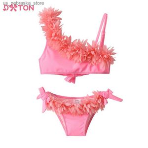 One-Pieces DXTON girl bikini set childrens pleated top shorts swimsuit summer beach clothing swimsuit childrens clothing set Q240418