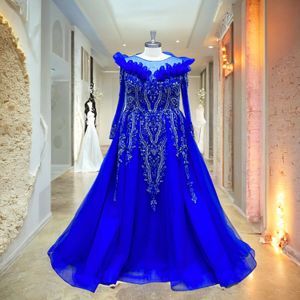 Hire Lnyer Scalloped Neck Zipper Up Back Long Sleeve Sparkly Beads Crystal Sequins Blue Plus Size A-Line Evening Dresses Real Office Photos Video