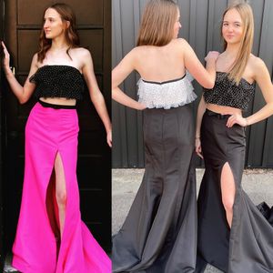 Two Piece Prom Dress Polka Dot Ruffle Bodice Crop Top Pageant Winter Formal Evening Party Runway Black-Tie Gala Hoco Gown Special Occasion Black Fuchsia White Slit