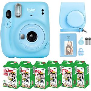 Fujifilm Mini 11 Camera Bundle with 60 Sheets of Instant Film and Accessories - Selfie Lens, Photo Album, Stickers, and Sky Blue Suitcase