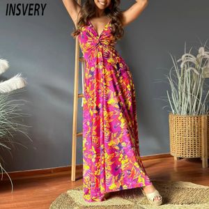 Summer Flower Stamping Long Dress Women Elegant V Neck Aline Sleeveless Party Beach Holiday 240412