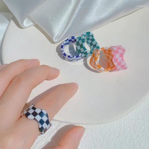 Cluster Rings Sweet Colorful Checkerboard Irregular Geometric Resin Acrylic Ring For Women Girls Party Jewelry Accessories