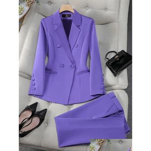 Kadın Suits Blazers Kadın Moda Ofisi Bayanlar Resmi Pantolon Takım Seti Kadın Mavi Pembe Sarı Kadın İş İşi Giyim 2 Parça BL DHQXM