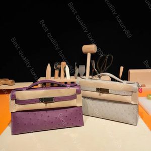 Designer Clutch Bag Classic Pochette Bag Luxury Banquet Bag 22cm Sydafrikansk struts Helt handgjorda 24k Guld- och platinhårdvaror Tote