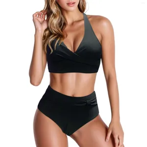 Menas de banho feminina Biquíni High Bikini Set de Biquíni V Coloque Voneio Duas Peças Bloco de Cor Front Twisted Summer Brasileiro