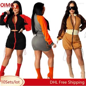 Arbeitskleider 10 Großhandel Frühlingsrock Sets Frauen Langarmjacke Reißverschluss bodycon mini zweiteils Casual Patchwork Outfits 10790