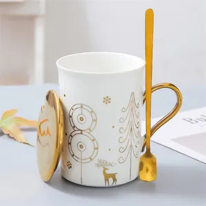 Mugs Ceramic Christmas Coffee Mug Creative Light Luxury Couple Water Cup Porcelain Milk With Lid And Spoon Office Teacup Gift