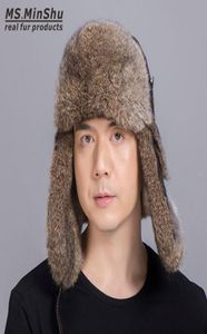 Genuine Rabbit Fur Trapper Hat Man Skiing Cap with Real Sheep Leather For Winter7612897