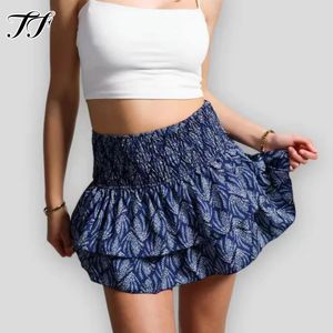 Ruffle Edge Printed Skirt Women Fashion Flollal Pleated短い女性の自由hoh弾ミニスカートセクシーガールY2KスカートMujer 240411