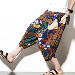 Men's Pants Men Slit Design Casual Bloomers Retro Print Ethnic Style Drawstring With Side Pockets For