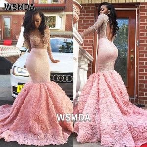 Partykleider 3d Blumen Meerjungfrau Abschlussball Kleid Perlen Illusion Scoop Hals Open Rücken Langarmes Abendkleid