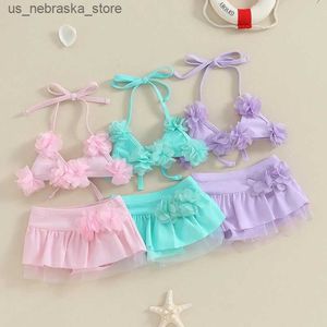 Tek parça kız bebek yaz mayo 2 parçalı bikini set kolye boynu 3D çiçek kravat üst+elastik bel şortları şeffaf örgü mayo q240418