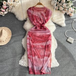 Casual Dresses Summer Fashion Mesh Printted Dress For Women Pink Ink Painting Halo Dyed O-neck Slim Split Bodycon Midi Sleeveless