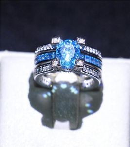 Fashion White Gold Coppia piena di matrimoni anelli Solitaire Aquamarine SIMOLATO Diamond CZ Anelli di dito per sposa un unico regalo Dimensione55450191