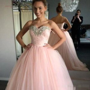 Abiti per quinceanera rosa Luxury Cristalli di perline Schermo a cuore APPLICA PERSET CORSETTO SPAGNO TRENG TULLE SOLLE ABILE DELLA PRIC