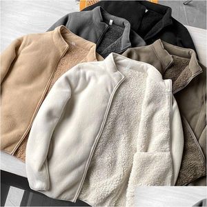 Herrjackor män s vinter fleece jacka fast färg sherpa casual kappa tjock varm stativ krage zip up utomhus vindbrytning mjuk komfortab dhpvm