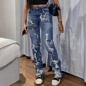 Summer Fashion Y2K Retro Ripped Hole Jeans Women Print High Waist Skinny Stacked Blue Denim Pants Streetwear Elastic Trousers 240417