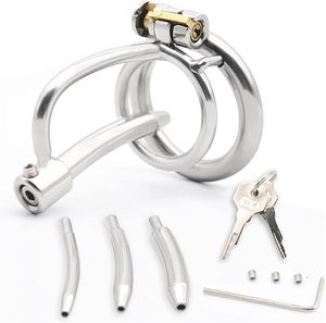 Penis Cage Male Chastity Device Lock with 3 Catheters Stainless Steel Chastity Cage Hollow Breathable Erection Rings Men Sissy Bondage Set (50mm)