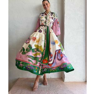 Kleider Basic Casual Kleider Polo Hals gedruckt Vintage Langkleid Prinzessin Ärmungen Schnürung Big Saum lose Vestidos Mode Frauen elegantes Robe 230823