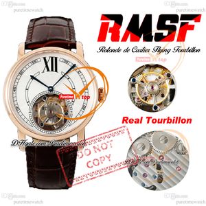 Rotonde Flying Tourbillon Mechanical Mechanical Avvolgimento da uomo Orologio RMSF Rose Gold Silver Roman Cantro in pelle marrone Super Edition orologi RELOJ HOMBRE PURETIME PTCAR