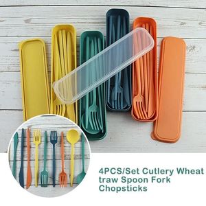 Dinnerware Sets Cutlery Box Fork Students Chopsticks With School Straw Plastic Wheat Kitchen Portable 4pcs/set Accessorie Travel Tableware