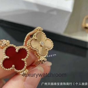 High End jewelry rings for vancleff womens New laser red chalcedony clover/flipped ring 18K double flower double-sided rose gold ring Original 1:1 With Real Logo