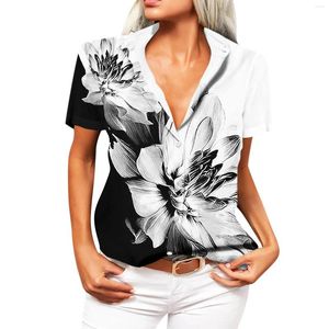 Kadın Tişörtleri 2024 Kadın Yaz Çiçek Düğmeleri Gömlek Lady Rahat Kısa Kol Dönüşü Down-Down Baskılı Bluz Günlük Ofis Üstleri Mujer