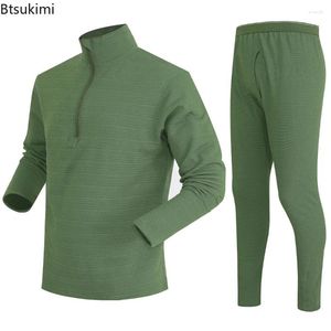 Men's Tracksuits Autumn Winter Outdoor Tactical Warm Underwear Two Pieces Men Solid Half Zip Stand Collar Tops Pants Shake Fleece Male Sets