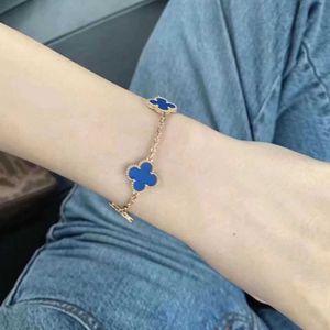 Designer Brand Original Brand 925 Pure Silver Van Blue Agate Four Leaf Bracciale Flower Placcato con una fortuna d'oro 18K con logo