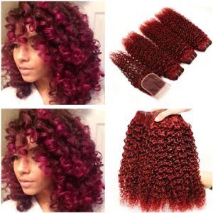 Doccette curly #99J Vino brasiliano Rosso Human Hair intreccia 3 affari con la chiusura frontale in pizzo 4x4 Curly Virgin Burgundy Capelli umani